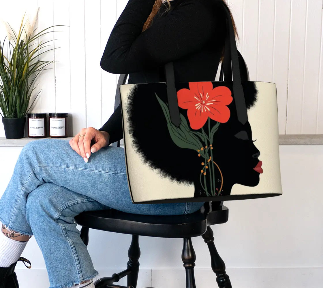Black Woman Vegan Leather Tote Bag – Afrocentric Art Purse with Red Flower Design | Luxury African Fashion Bag Made in Canada Grown Black Glorious