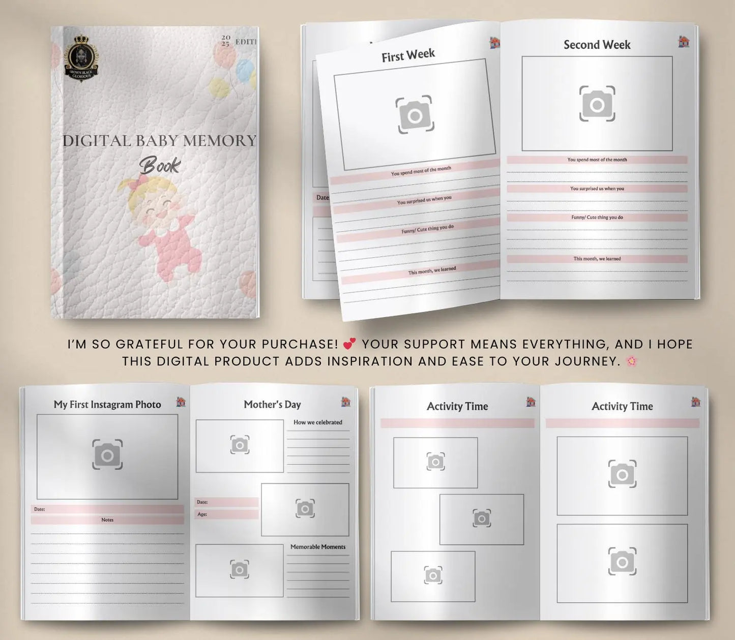 Digital Baby Memory Book: Milestone Tracker, Keepsake Album (PDF Download) Grown Black Glorious