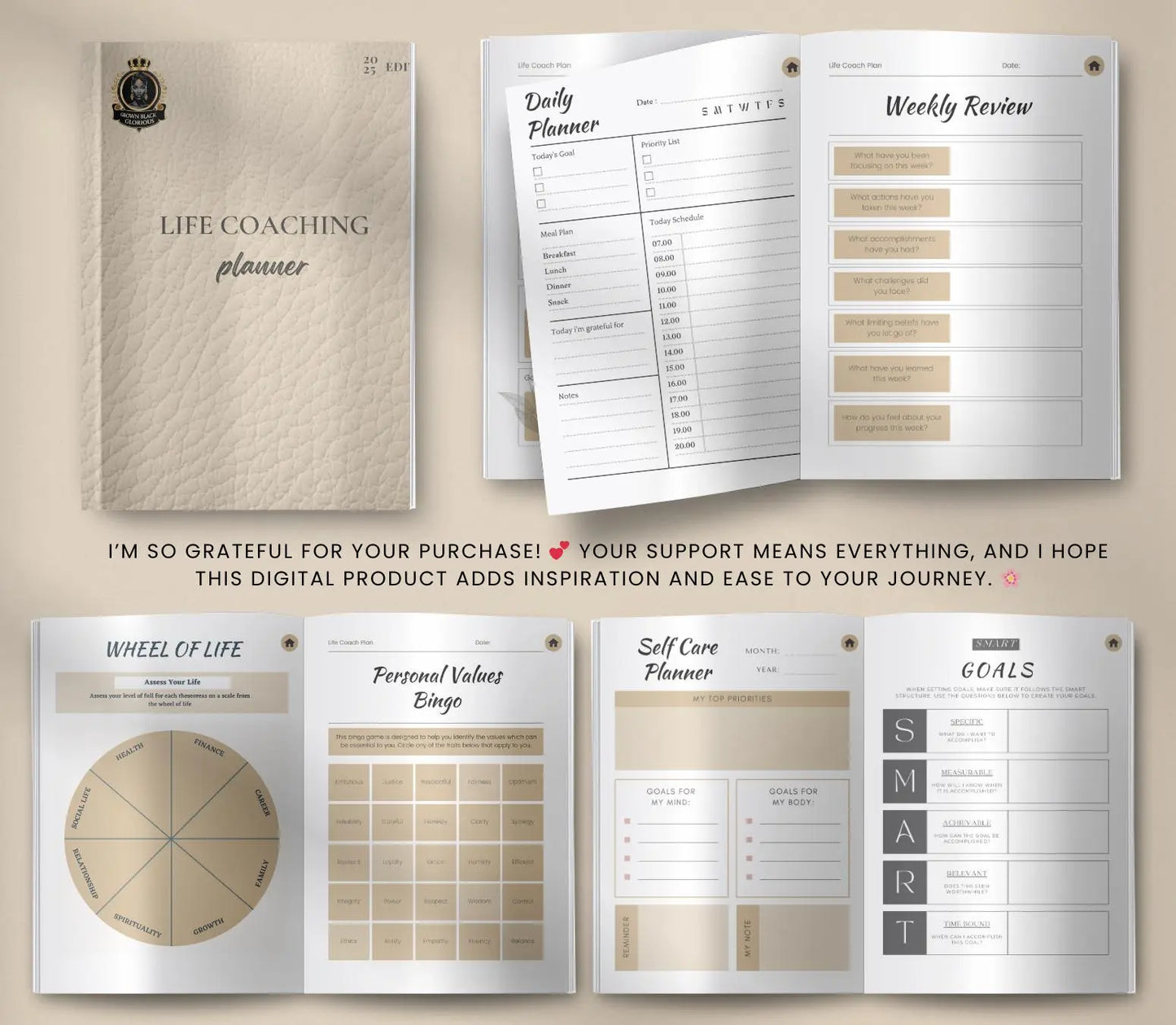 Digital Life Coaching Planner: Goal Setting & Mindset Journal (Printable PDF) Grown Black Glorious