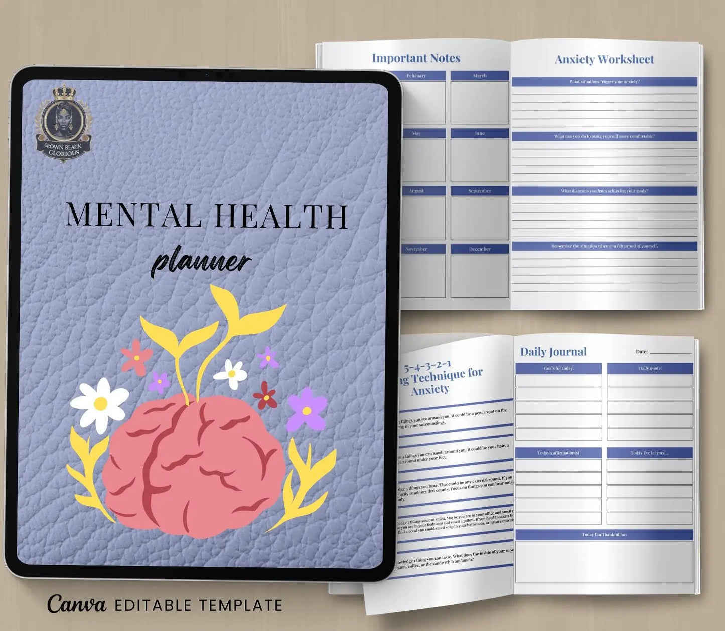 Mental Health Planner: Self-Care Journal & Mood Tracker (Printable Digital Journal) Grown Black Glorious
