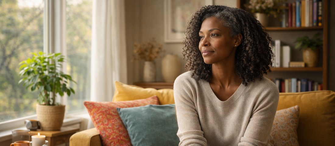 Black woman resting on sofa in a calm, sunlit living room, reflecting on self-care, emotional healing, and identity beyond caregiving roles — representing Strong Black Woman burnout recovery and wellness for Black women over 40