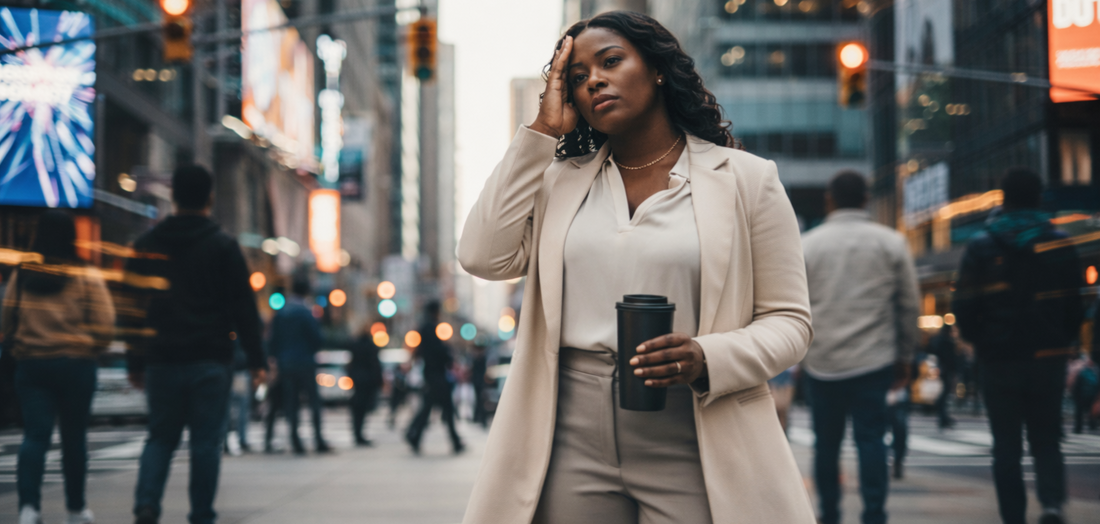 Overwelmed Black woman over 40 standing calmly on busy city street holding with a tumbler