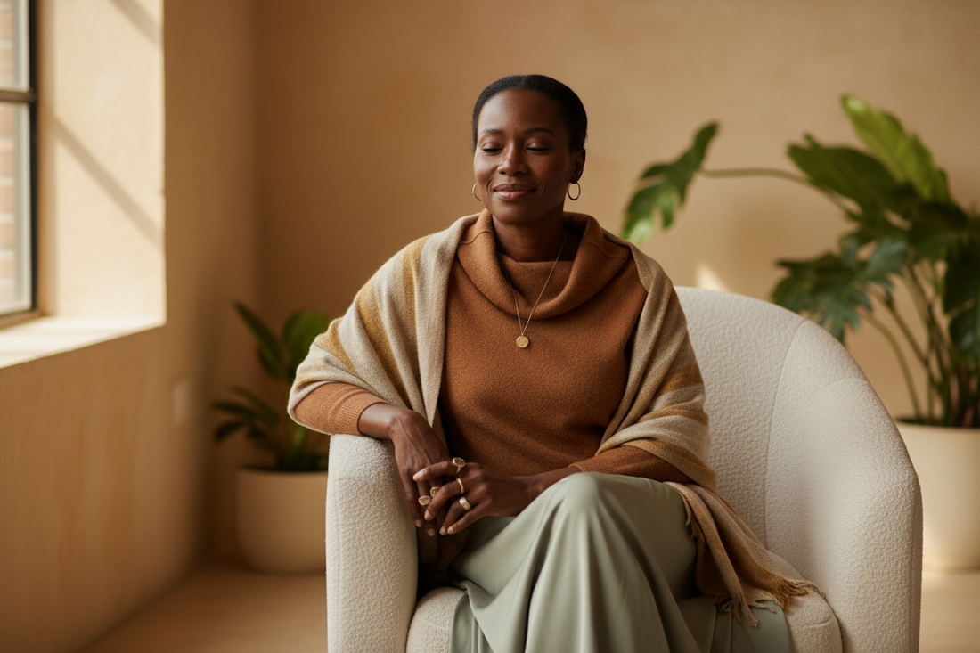 Elegant Black woman seated calmly in a neutral-toned space, embodying boundaries, peace, and intentional self-care as she enters the new year.