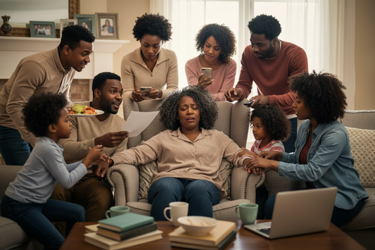 An exhausted Black woman sitting in an armchair looking overwhelmed as family members demand her attention, illustrating the emotional burnout pattern of over-functioning and the ‘Strong Woman’ tax.