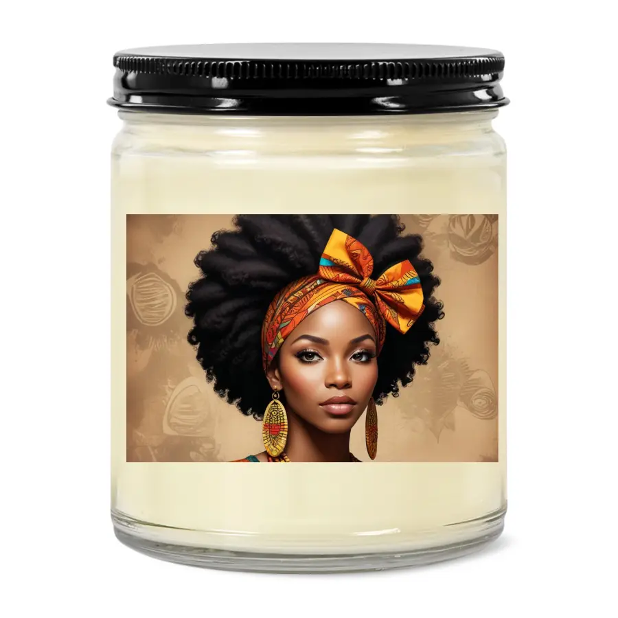 Candle with a design of a woman with an afro and colorful headscarf on the label.