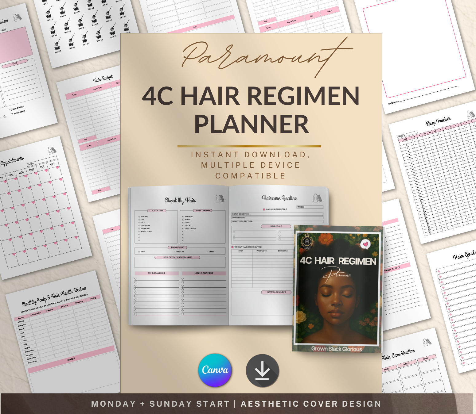 4C Hair Regimen Planner with digital download options on a beige background