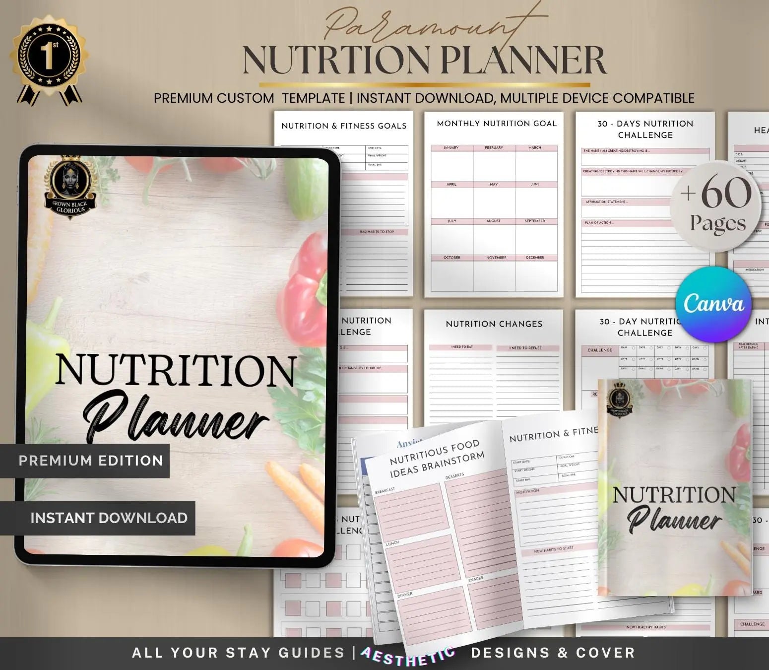 Nutrition Planner: Meal Prep, Food Journal, Calorie Tracker (PDF & Canva Template) Grown Black Glorious