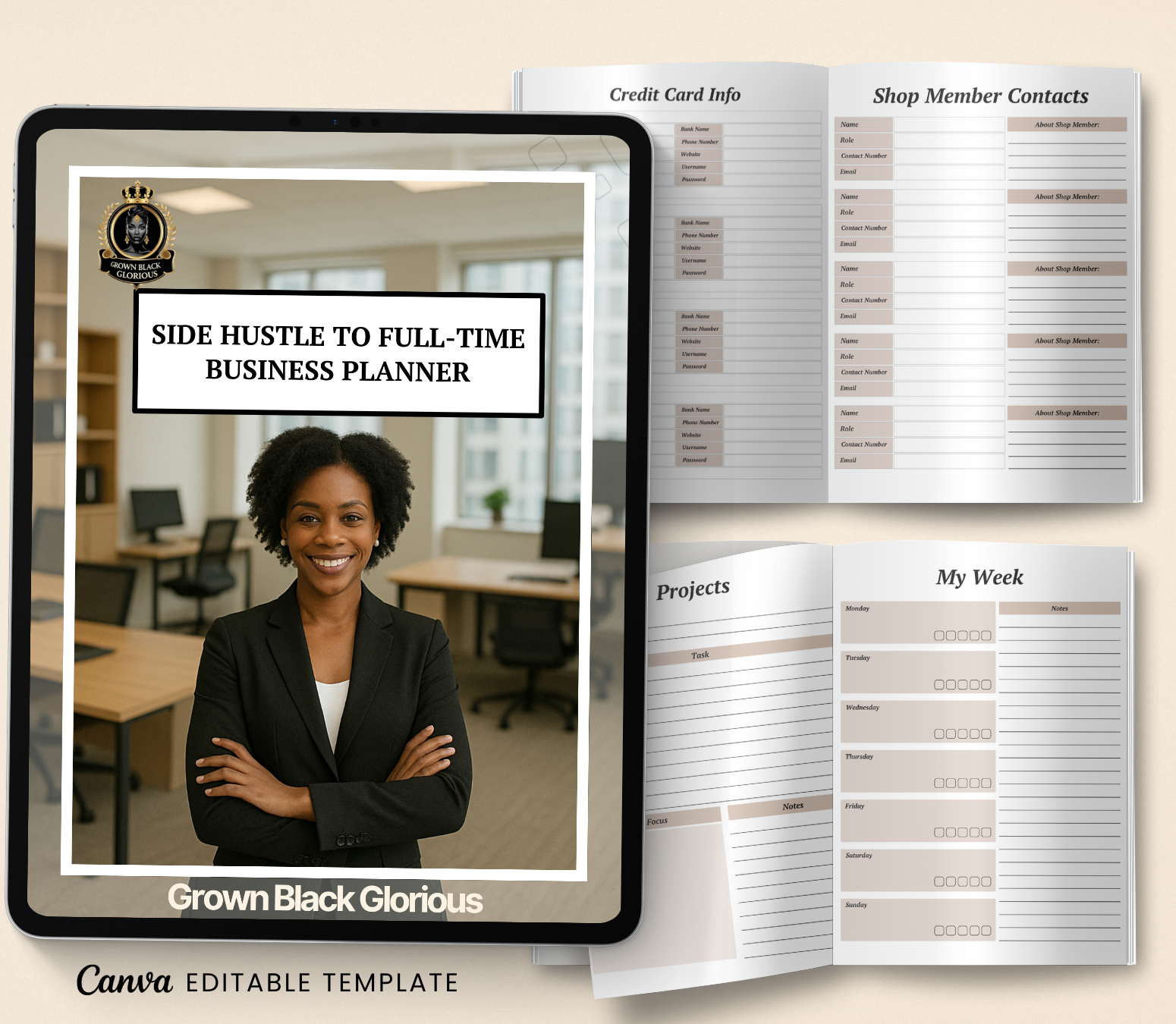 Side Hustle to Full-Time Business Planner | Editable Canva Entrepreneur Digital Planner - Grown Black Glorious