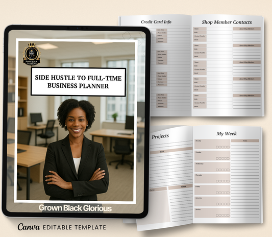 Side Hustle to Full-Time Business Planner | Editable Canva Entrepreneur Digital Planner - Grown Black Glorious