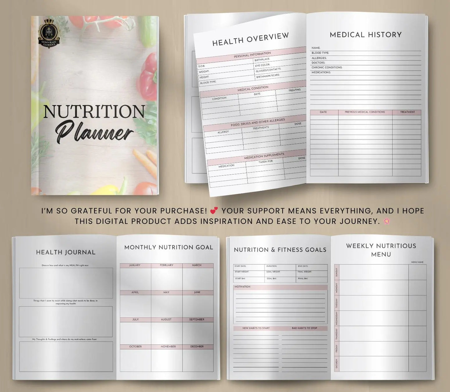 Nutrition Planner: Meal Prep, Food Journal, Calorie Tracker (PDF & Canva Template) Grown Black Glorious