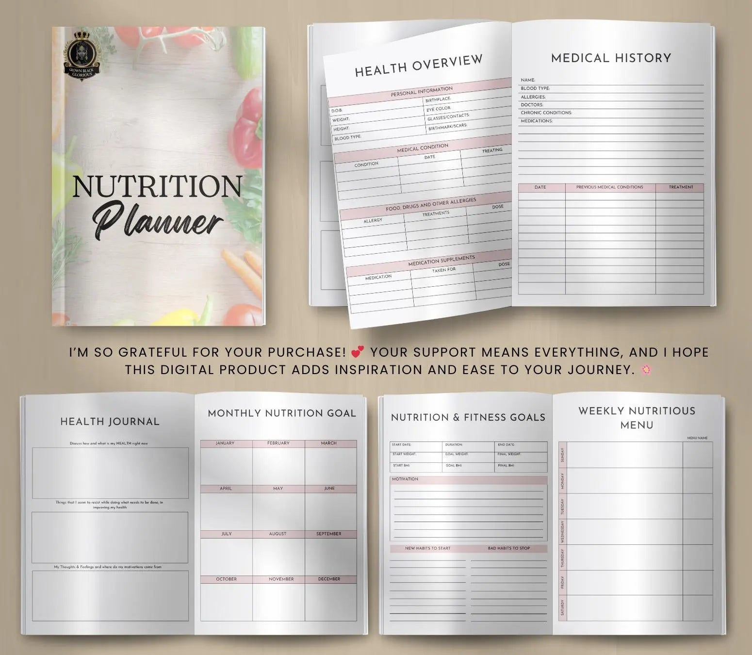 Nutrition Planner: Meal Prep, Food Journal, Calorie Tracker (PDF & Canva Template) Grown Black Glorious