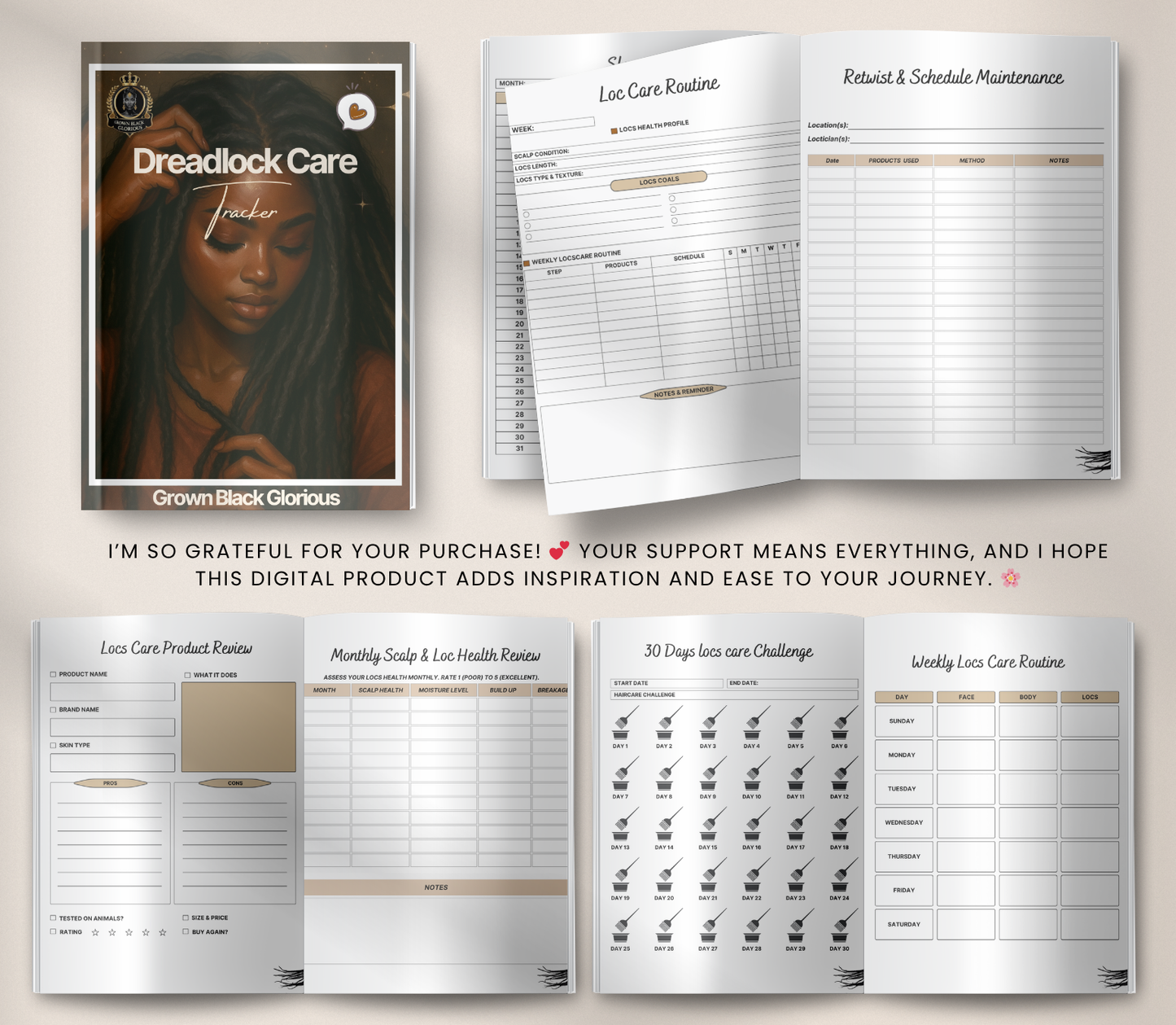 Dreadlock Care Tracker | Editable Canva Loc Maintenance & Growth Journal - Grown Black Glorious