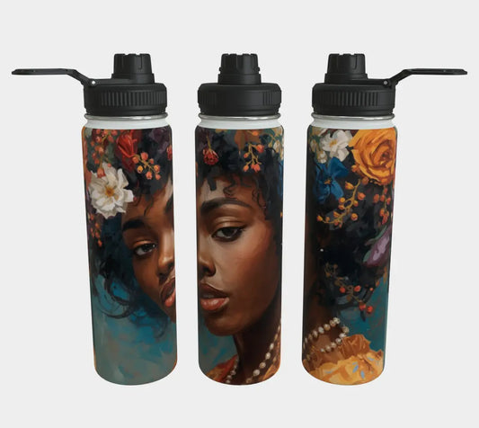 Black Woman Art Stainless Steel Water Bottle – 24 oz Double-Wall Insulated Bottle, Luxury Hydration with Afro-Inspired Beauty Grown Black Glorious