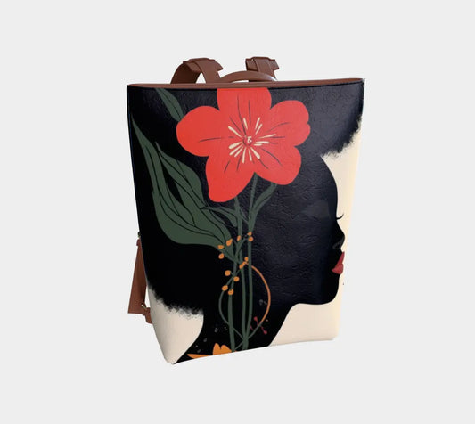 Black Woman Vegan Leather Backpack – Afrocentric Luxury Bag with Red Flower Art | Empowering Fashion for Modern Melanin Queens Grown Black Glorious