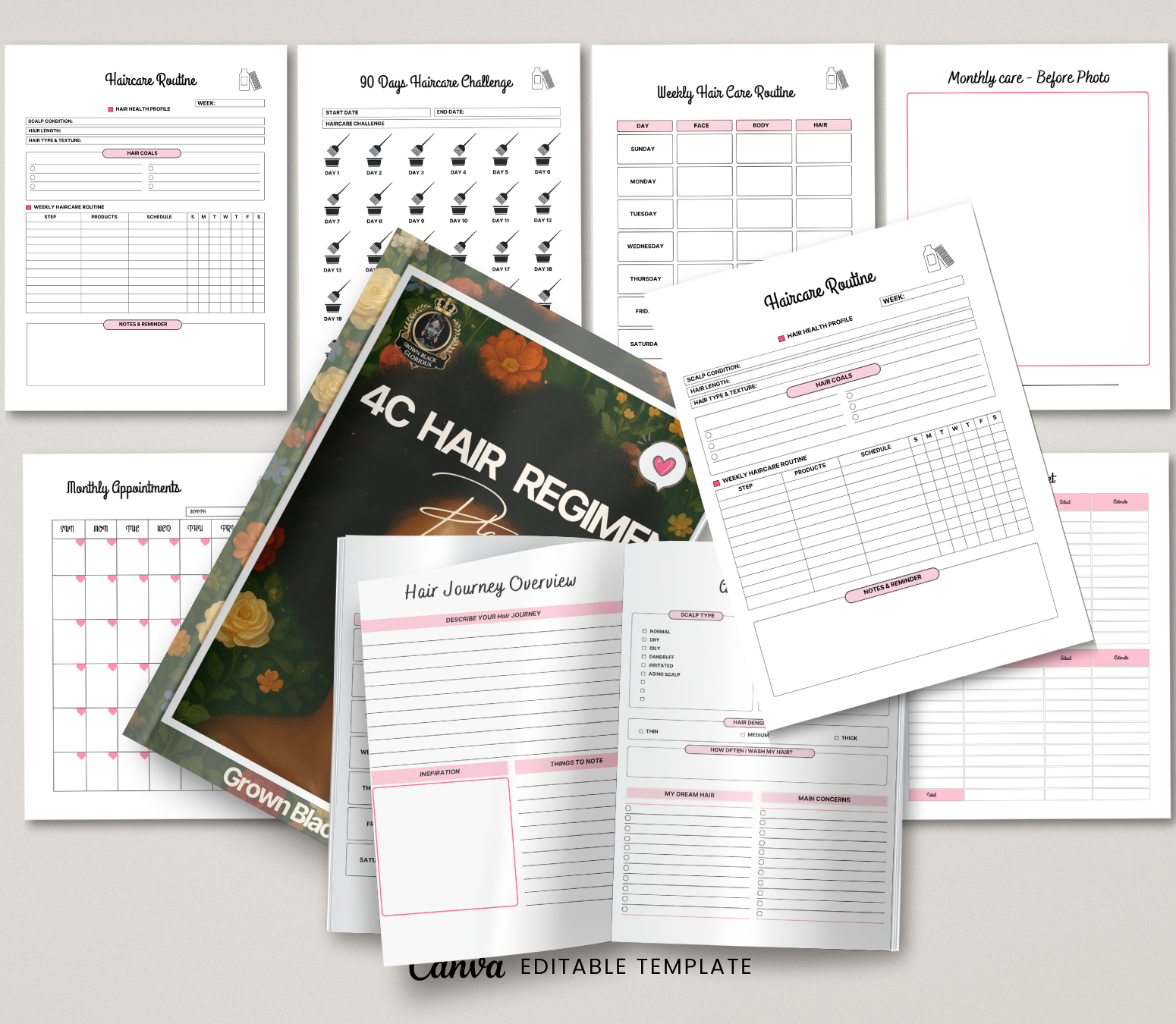 4C Hair Regimen Planner | Editable Canva Natural Hair Care Routine Tracker - Grown Black Glorious