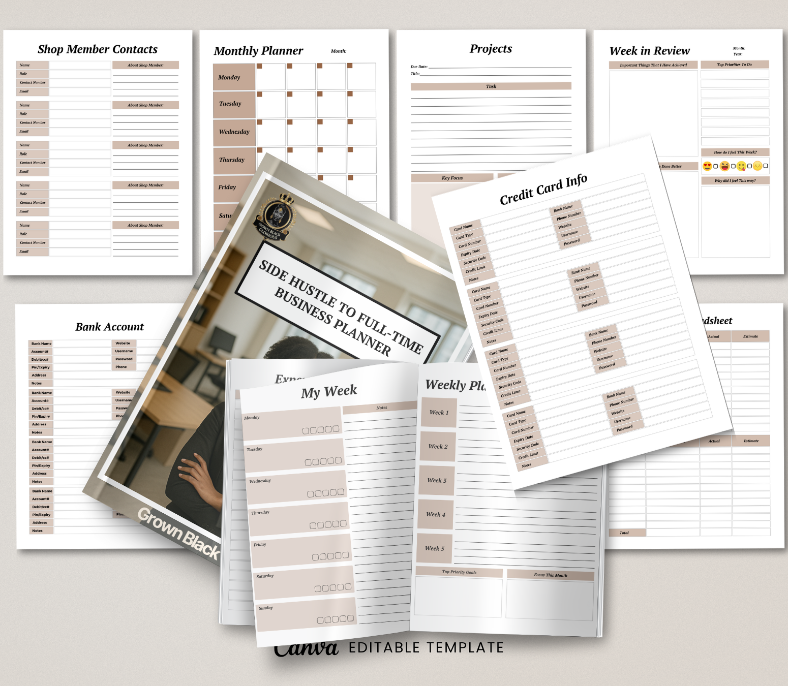 Side Hustle to Full-Time Business Planner | Editable Canva Entrepreneur Digital Planner - Grown Black Glorious