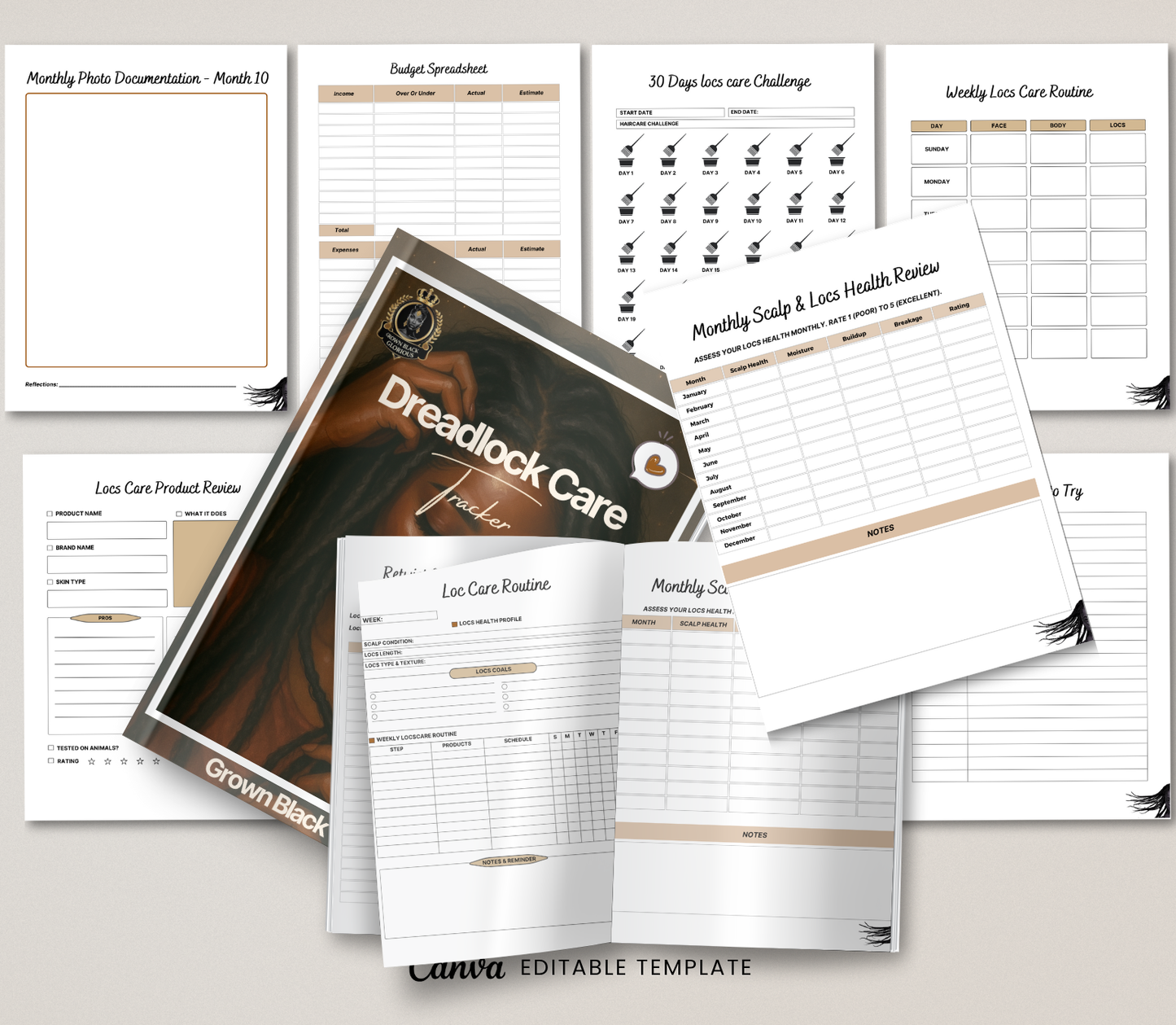 Dreadlock Care Tracker | Editable Canva Loc Maintenance & Growth Journal - Grown Black Glorious