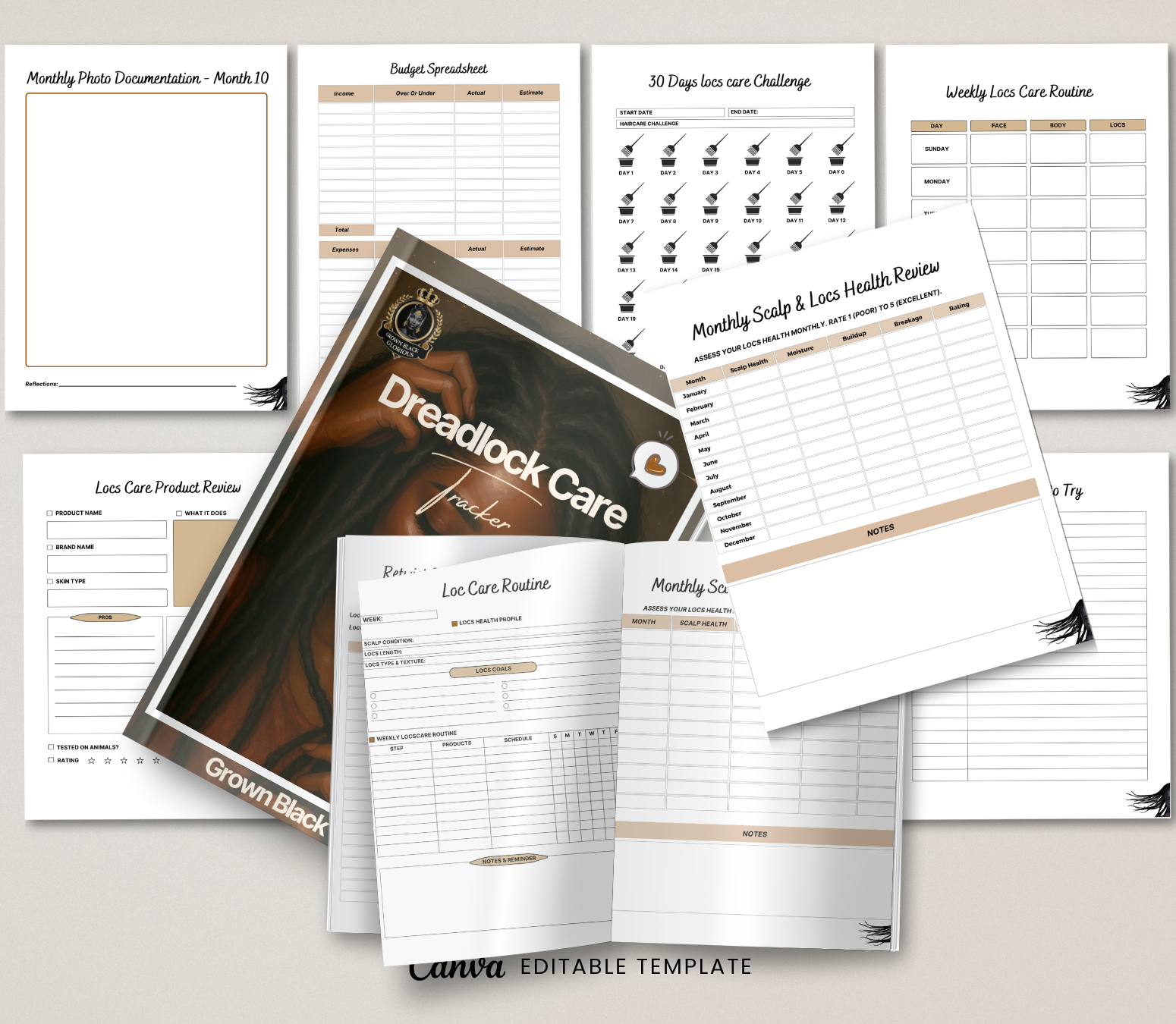 Dreadlock Care Tracker | Editable Canva Loc Maintenance & Growth Journal - Grown Black Glorious