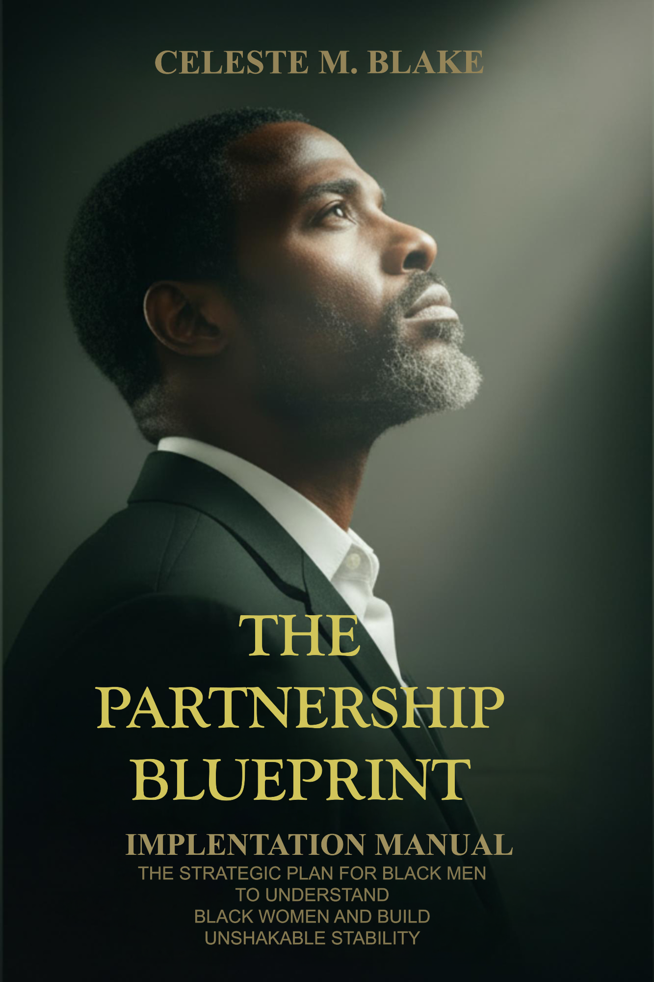 The Partnership Blueprint Implementation Manual book cover by Celeste M. Blake - strategic relationship guide for Black men to understand Black women, build unshakable stability, and master caregiving in partnerships