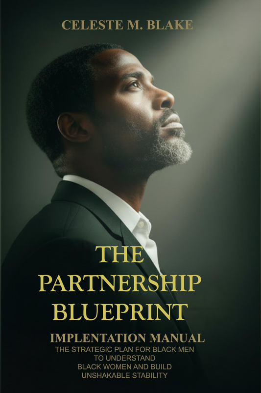 The Partnership Blueprint Implementation Manual book cover by Celeste M. Blake - strategic relationship guide for Black men to understand Black women, build unshakable stability, and master caregiving in partnerships