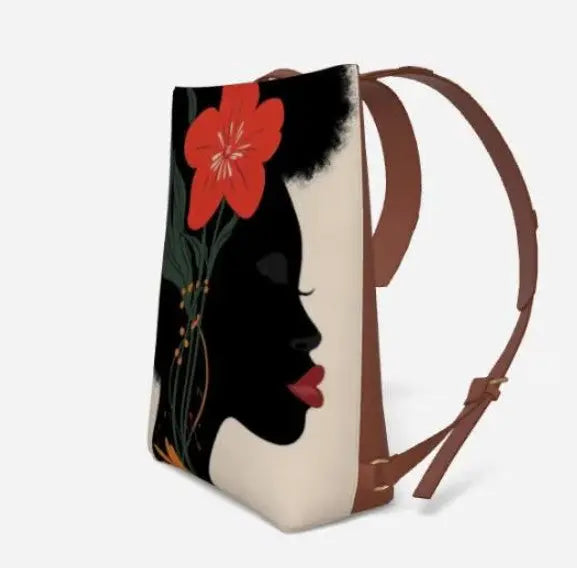 Black Woman Vegan Leather Backpack – Afrocentric Luxury Bag with Red Flower Art | Empowering Fashion for Modern Melanin Queens Grown Black Glorious