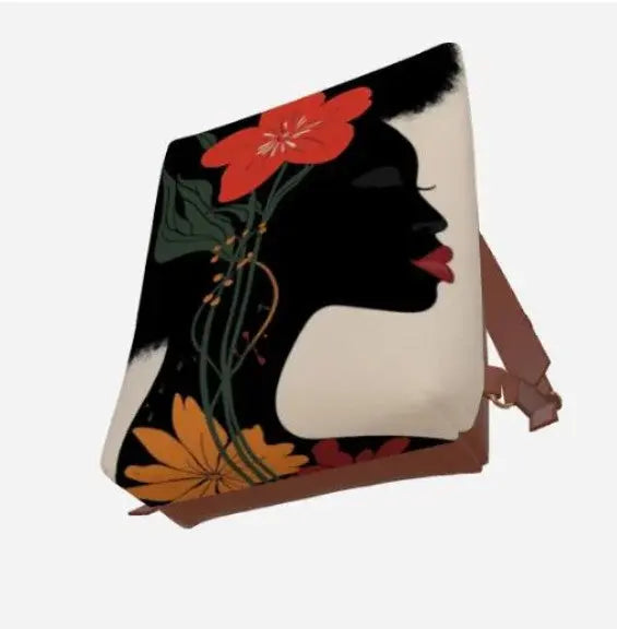 Black Woman Vegan Leather Backpack – Afrocentric Luxury Bag with Red Flower Art | Empowering Fashion for Modern Melanin Queens Grown Black Glorious