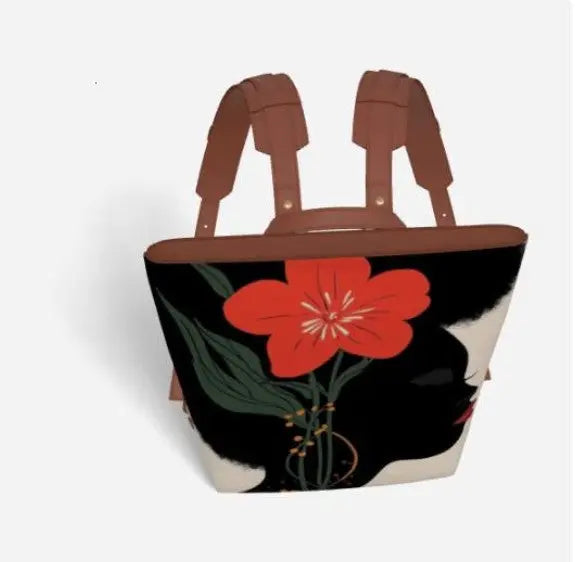 Black Woman Vegan Leather Backpack – Afrocentric Luxury Bag with Red Flower Art | Empowering Fashion for Modern Melanin Queens Grown Black Glorious