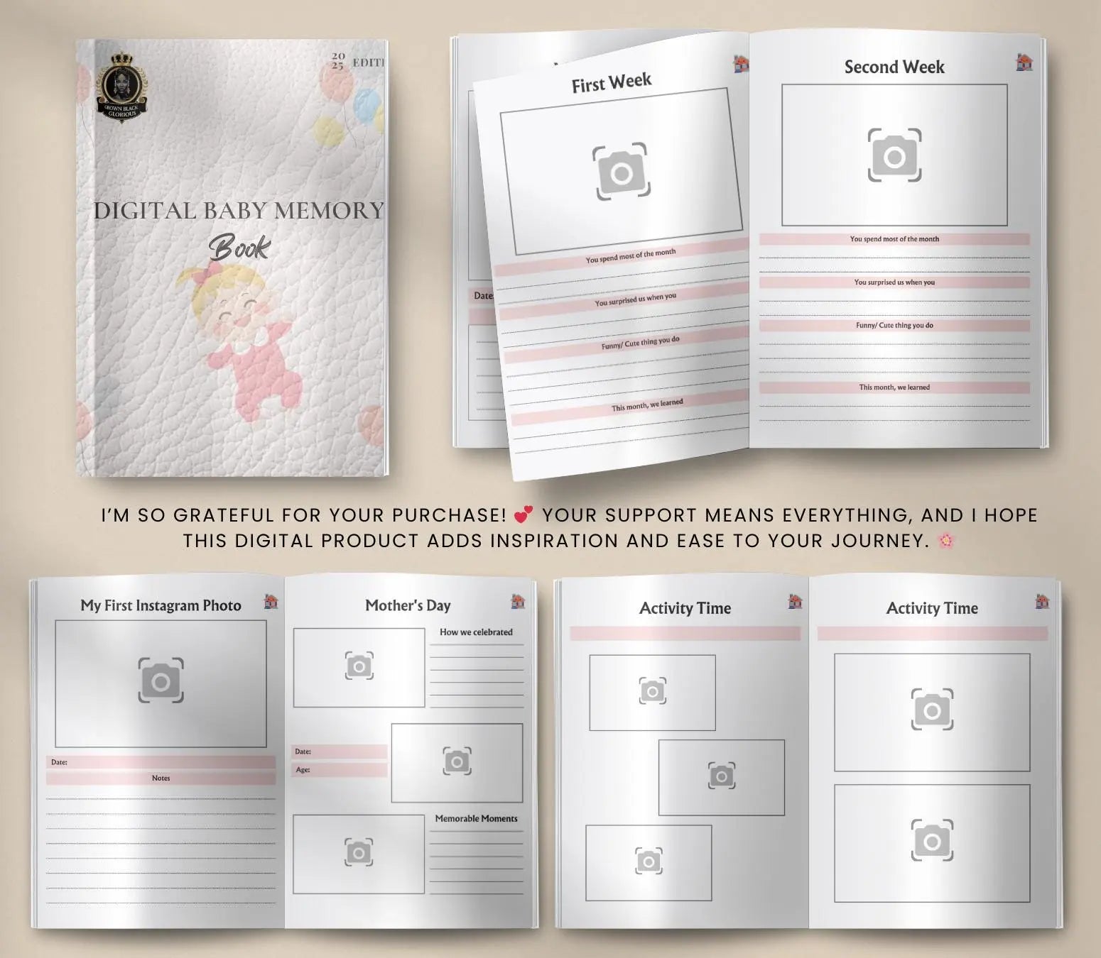 Digital Baby Memory Book: Milestone Tracker, Keepsake Album (PDF Download) Grown Black Glorious