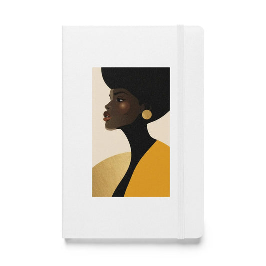 Afrocentric hardcover journal featuring minimalist portrait of Black woman in gold and black tones.