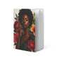 Beautiful Black woman surrounded by vibrant pink and yellow roses with flowers in her hair on hardcover journal for Black women, self-care and empowerment notebook