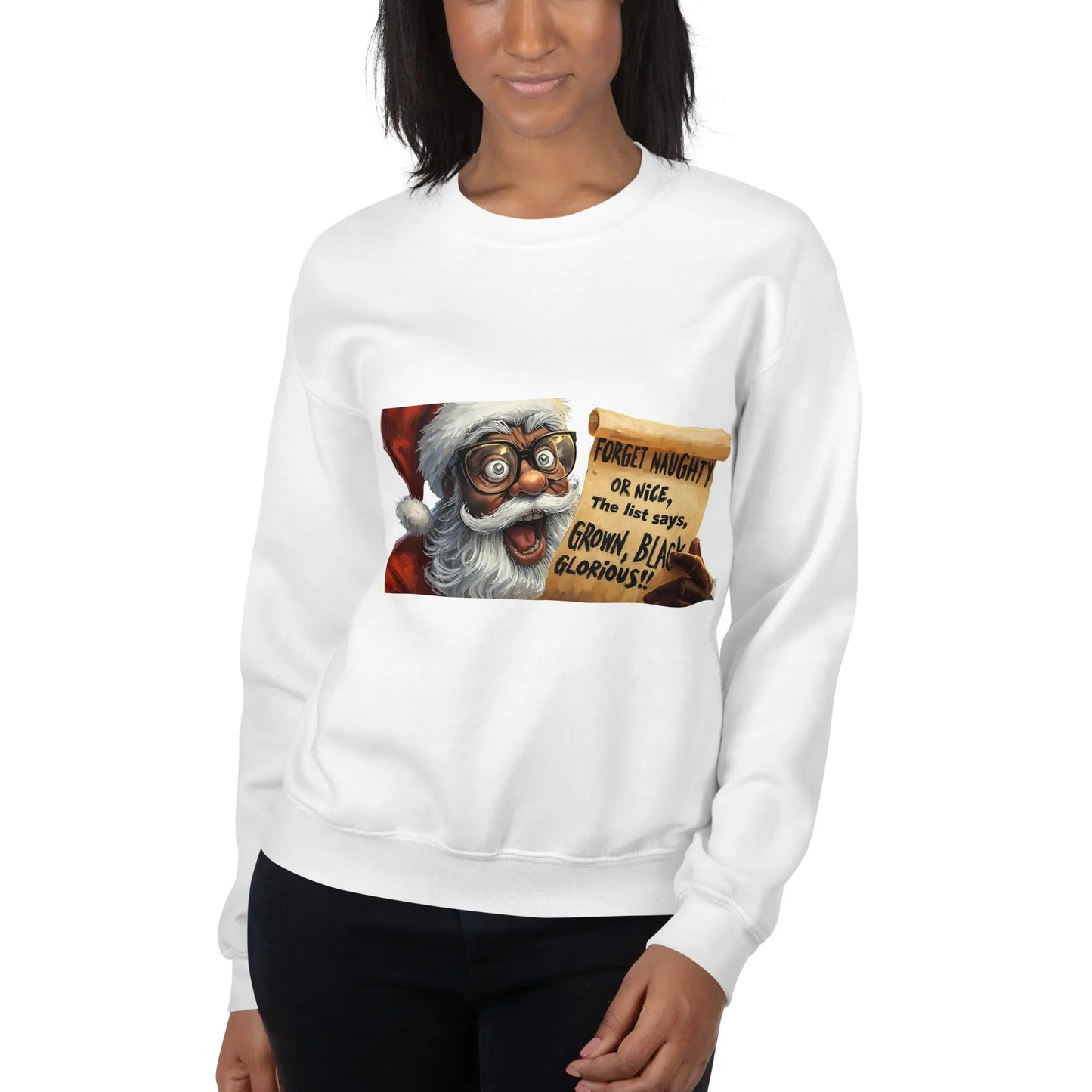 Black woman wearing Afrocentric Christmas sweatshirt, cozy crewneck that celebrates culture and confidence.