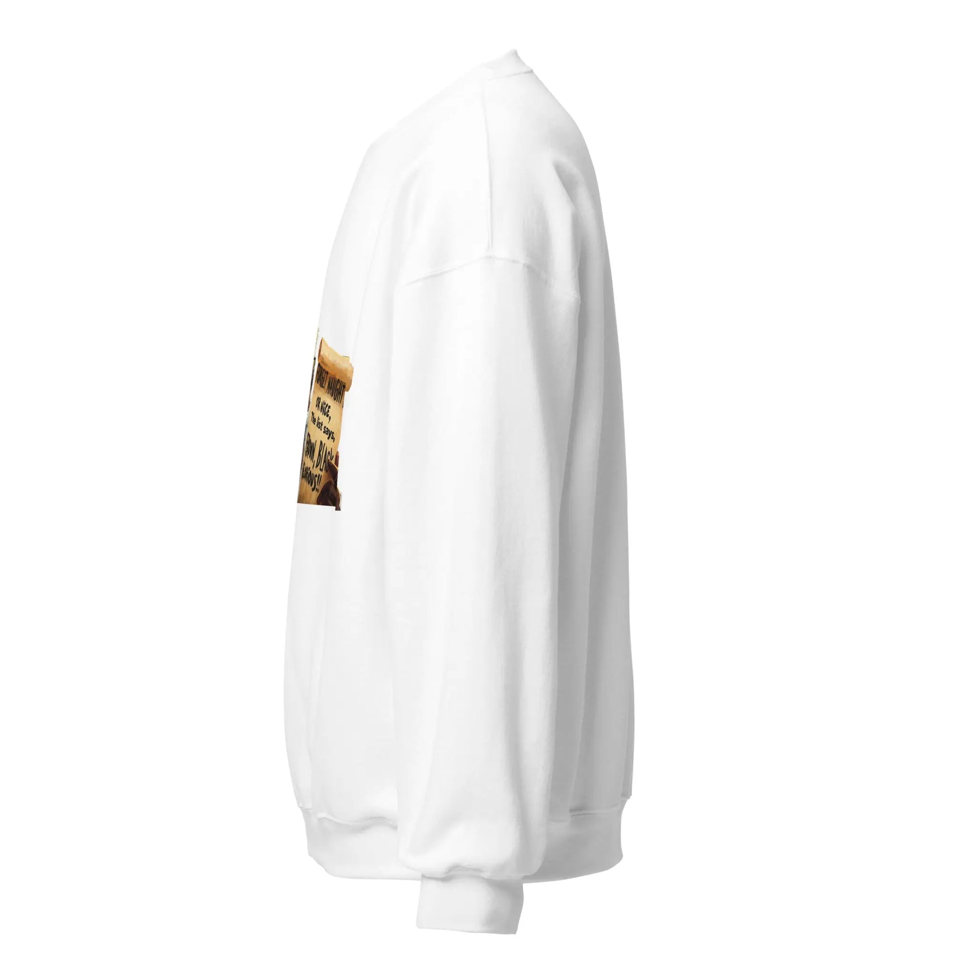 Side and folded view of soft cotton-blend Christmas sweatshirt showing festive design and ribbed cuffs.