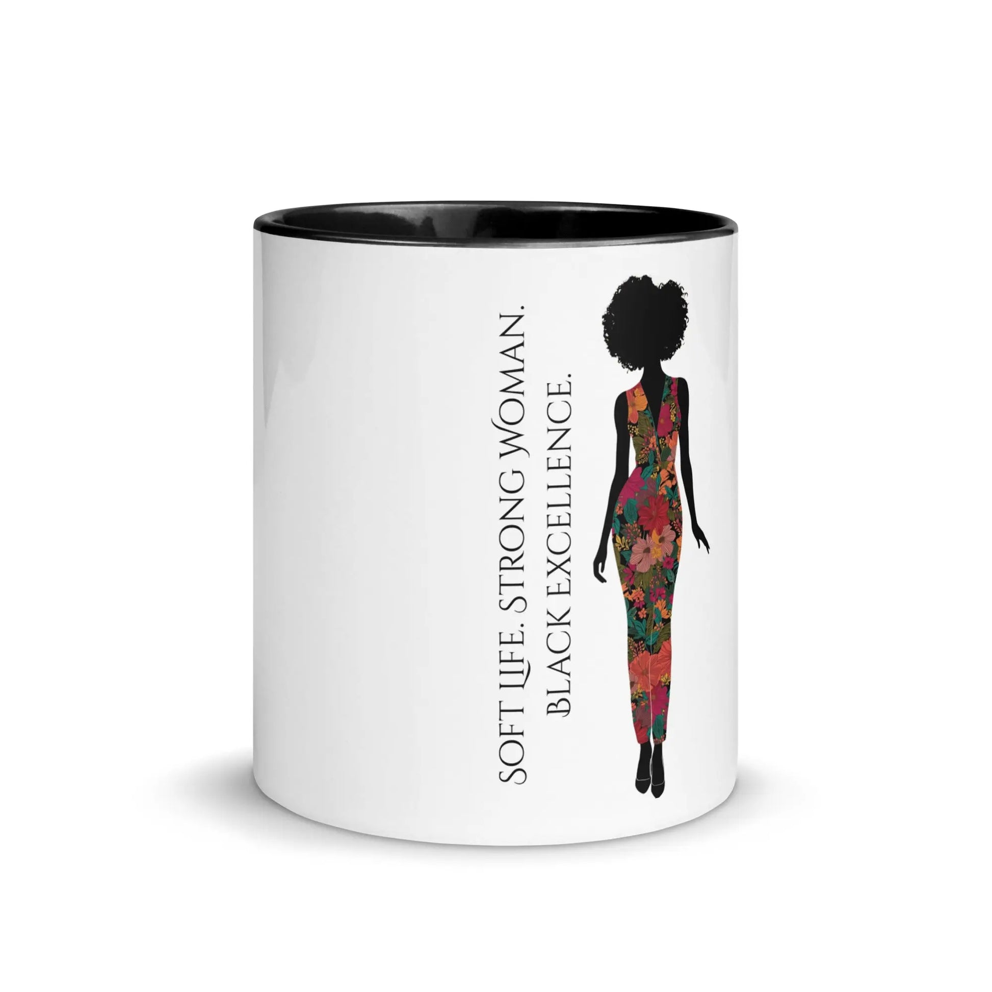 Black woman empowerment mug with floral silhouette and quote ‘Soft Life. Strong Woman. Black Excellence.