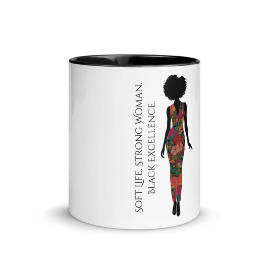 Black woman empowerment mug with floral silhouette and quote ‘Soft Life. Strong Woman. Black Excellence.