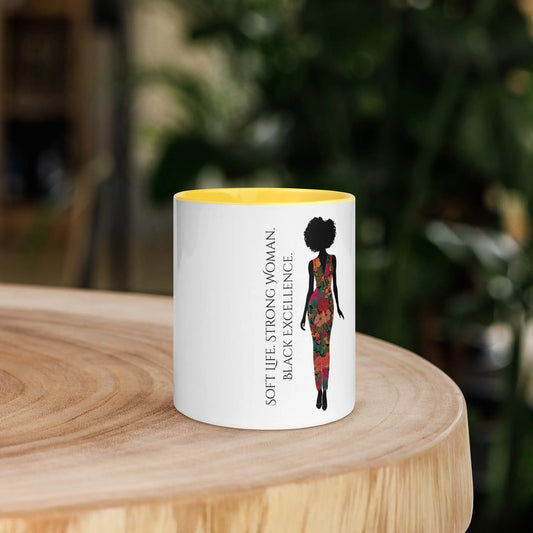 White ceramic mug with yellow rim featuring Black woman silhouette and text 'Soft Life Strong Woman', empowerment coffee cup for Black women
